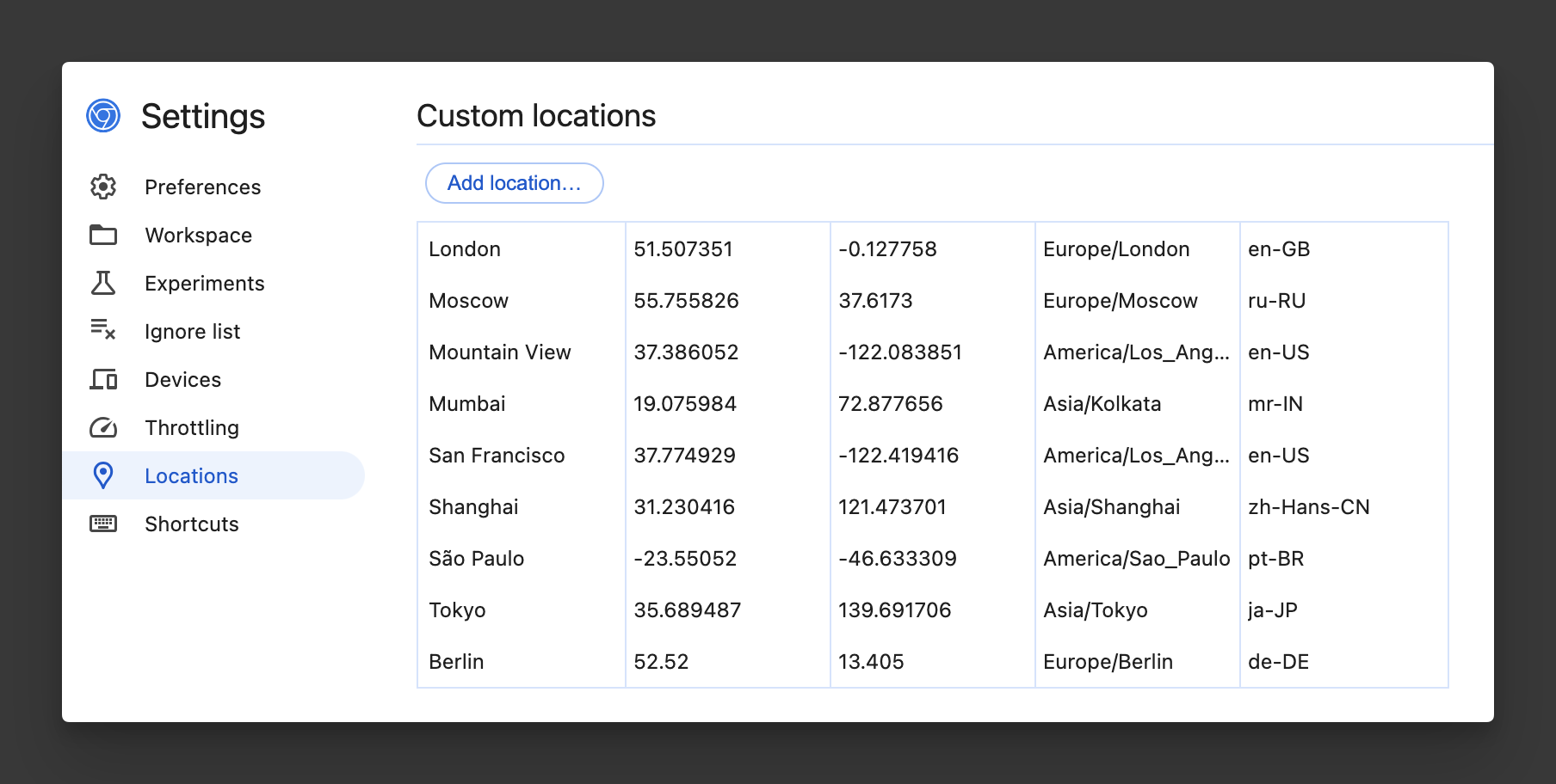 Chrome DevTools command menu, search for sensors