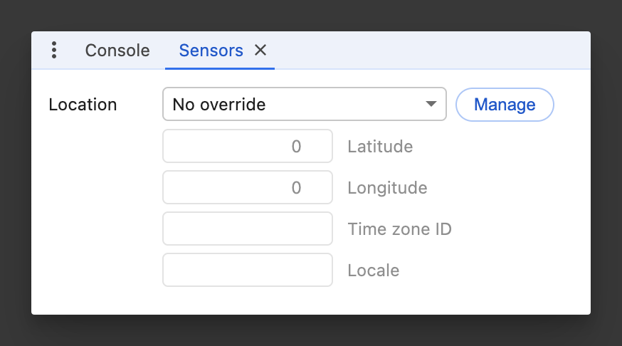 Chrome DevTools command menu, search for sensors