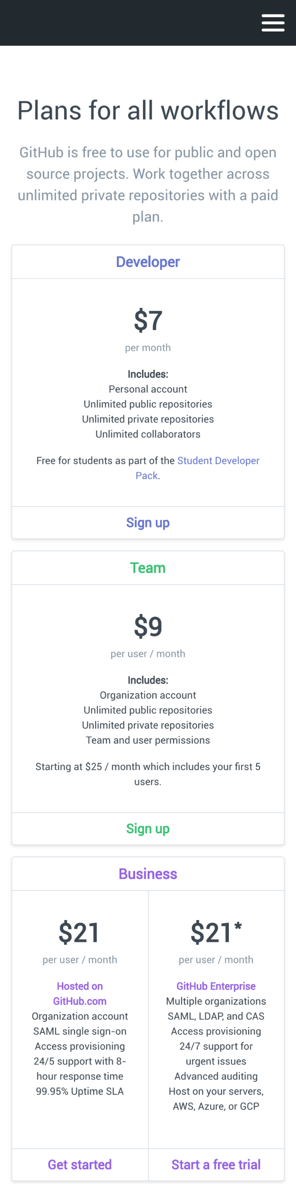 Screenshot of Github pricing page demo on mobile device